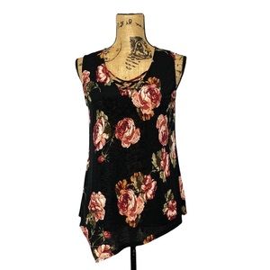 Espresso Black Red Floral Asymmetrical Sleeveless Tank Top Blouse M